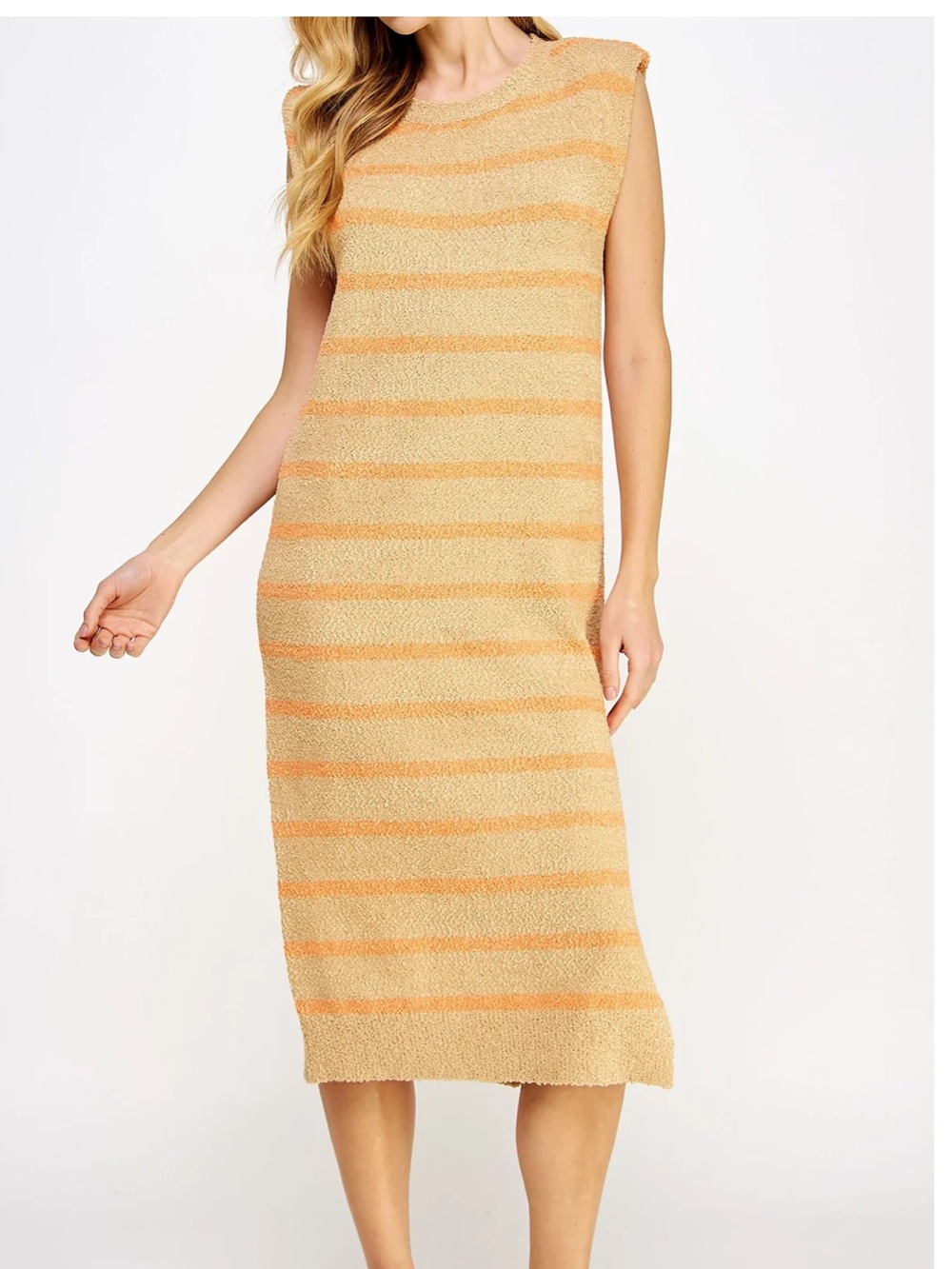Strut and Bolt Sleeveless Striped Knit Midi Dress - Peach large shoulder pads